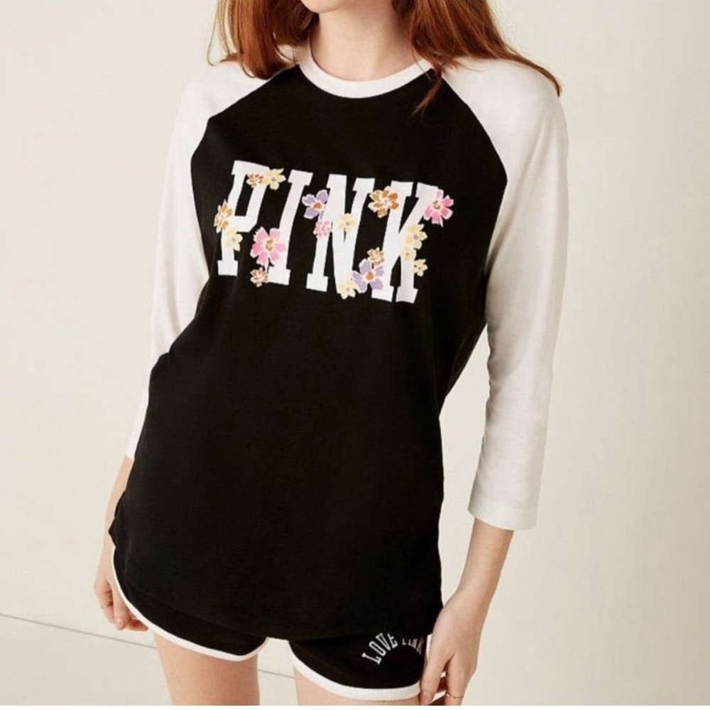 VS Pink cotton Campus 3/4 sleeve baseball tee T-shirt floral print